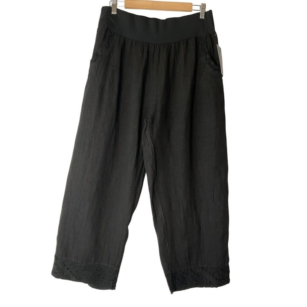 New Ornella Italian Black Linen‎ Wide Leg Pull On Pants Eyelet Lace Pockets XXXL